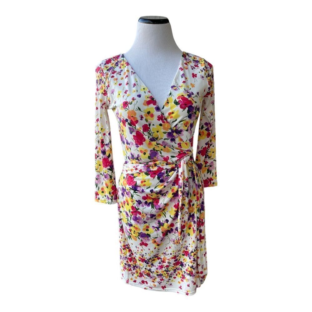 Jessica Simpson Floral Faux Wrap Dress Size 4 Ruched Sheath Career Wedding